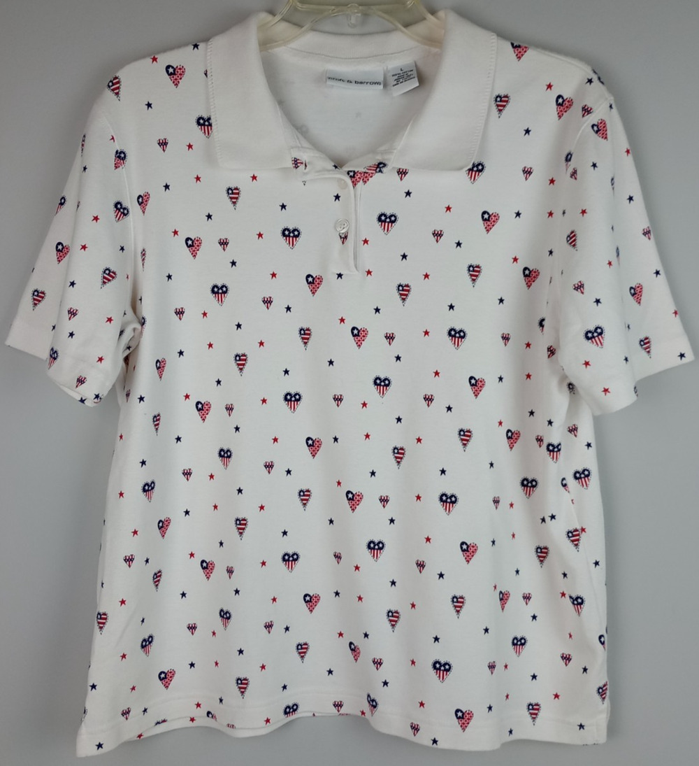 Croft & Barrow Adult White Red Blue Stripes Stars Hearts Short Sleeve Polo Shirt